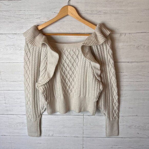 H&M Sweater Womens Size Medium Oatmeal Flounced Cable Knit Ruffle Crop Fall Wear - Picture 13 of 16